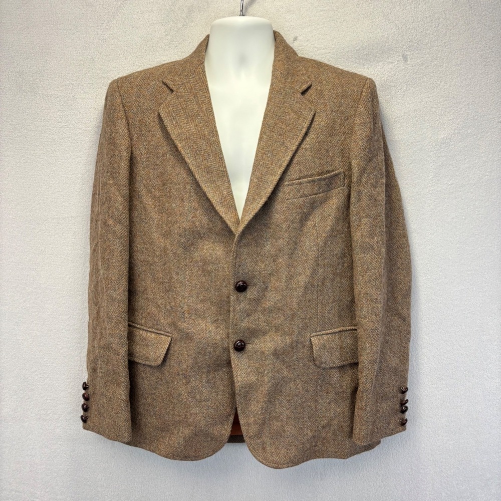 Vintage 60s Tweed Herringbone Wool Blazer Jacket Mens 40 Brown Orange Retro Wood